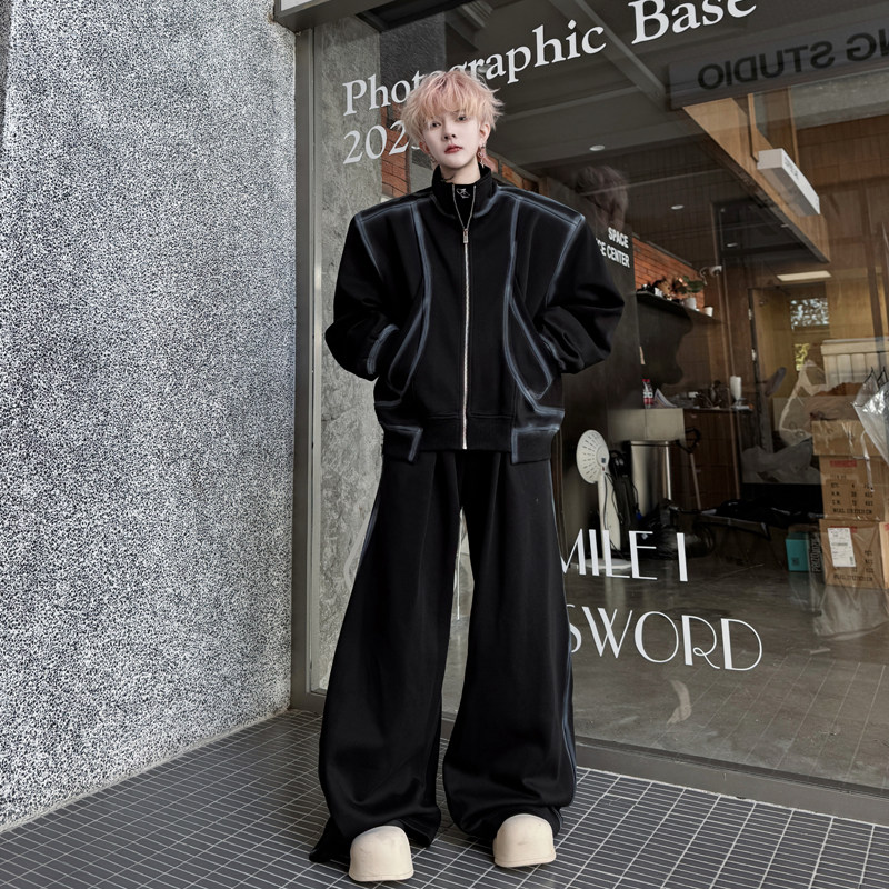 春装美式高街复古手绘描边卫衣套装男开衫高级感阔腿长裤两件套潮