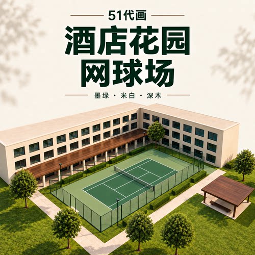 酒店花园网球场效果图设计球场连廊入口休息亭园林景观空间方案图