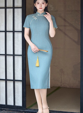 蓝色旗袍女喜婆婆婚宴装2025新款礼服妈妈夏季新中式改良平时可穿