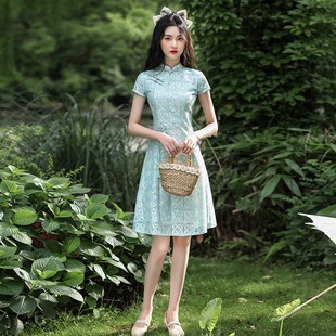 新中式改良旗袍连衣裙2026新款女夏季小个子中国风青花瓷短款裙子