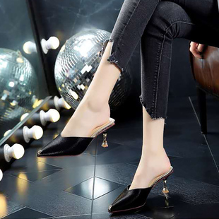 包头拖鞋女外穿百搭2021新款细跟尖头高跟鞋女中跟懒人凉拖女单鞋