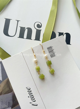 【M】手作原创自制白玉抹茶冻天然淡水小珍珠18K包金镀金耳饰耳环