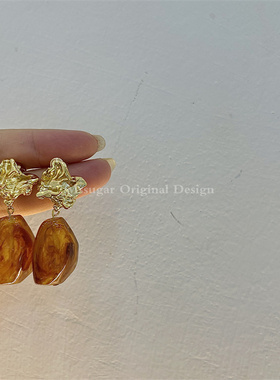 【M】手作自制夸张不规则异性褶皱咖色树脂14K包金耳饰耳环女