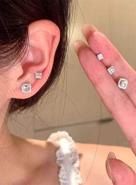925银小方糖闪锆睡觉免摘耳钉