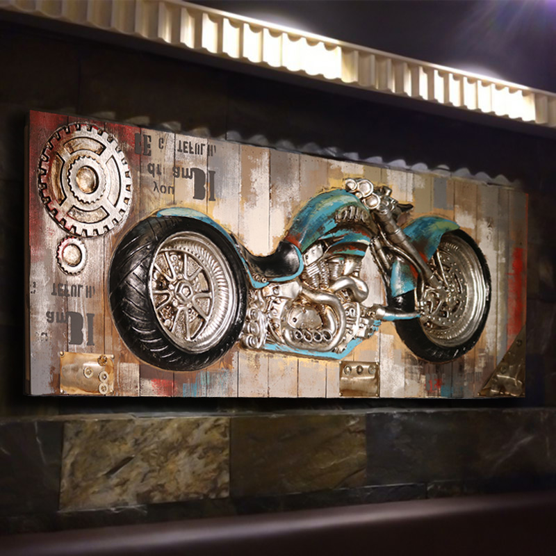 复古工业风墙面装饰画3d立体浮雕摩托车木板画酒吧网咖装饰品挂件图片