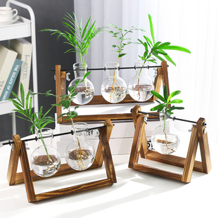 创意烧杯水培木架容器绿萝植物玻璃花瓶办公室桌面摆件插花瓶装 饰