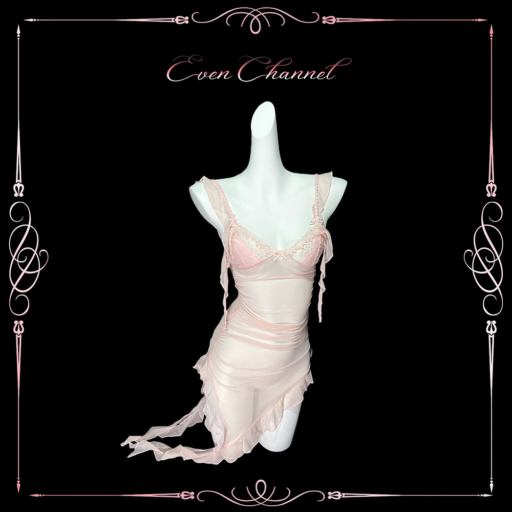 even学姐：粉色恋曲*蕾丝镂空网纱约会吊带甜美纯欲透视居家睡裙