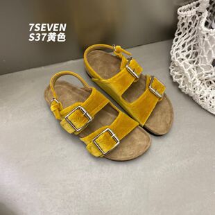 7SEVEN2026新款夏季凉鞋女法式复古丝绒皮带双扣露趾厚底休闲凉鞋