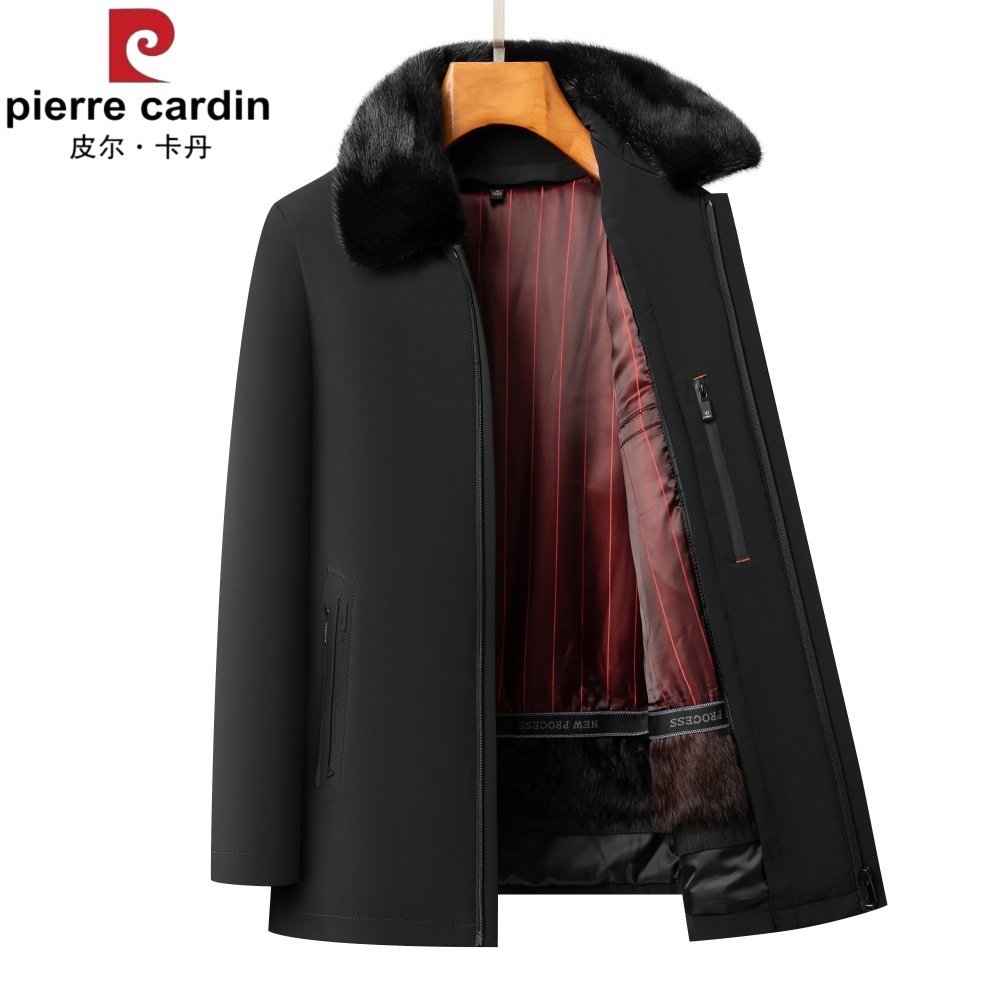 皮尔卡丹中年皮毛一体外套连帽兔毛内胆派克服男商务爸爸装尼克服