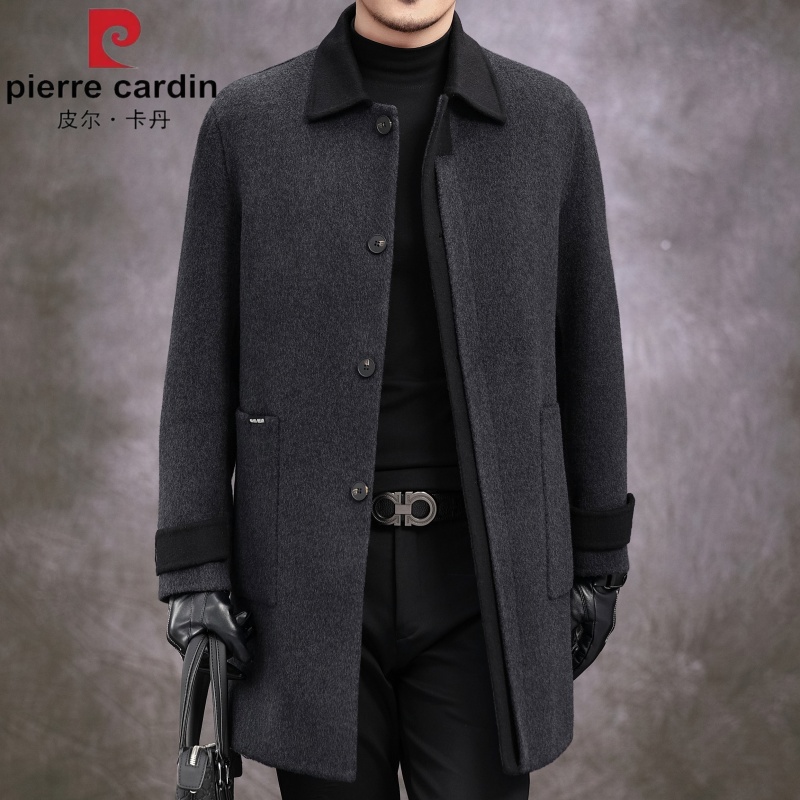 皮尔卡丹双面羊毛呢子大衣中长款