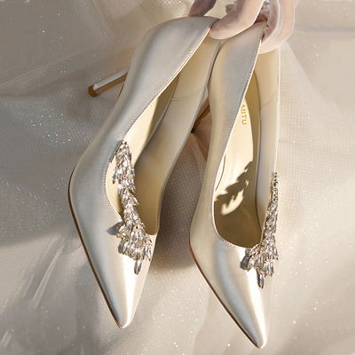 【送礼】米兔小姐 mb真丝绸缎婚鞋新娘鞋女麦穗白色结婚高跟鞋