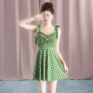 保守遮肚显瘦格子气质度假泳装 连体泳衣女韩版 高级感吊带复古裙式