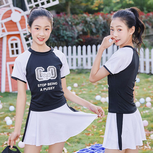 时尚 14岁两件套学生平角裙式 女童游泳衣 分体运动风9 中大童泳装