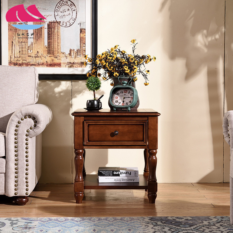 美式全实木小方几复古简约方形茶几欧式沙发旁带抽屉边几储物角几