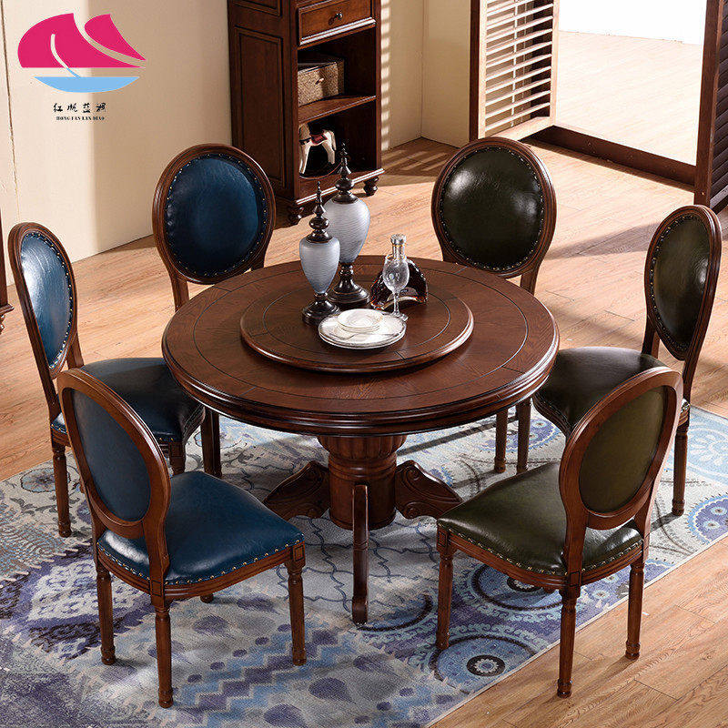 美式乡村经典轻奢带转盘餐桌椅组合吃饭桌子家用10人实木圆形餐桌,住宅家具,实木餐桌,淘宝优惠券,粉丝福利购,淘宝优惠卷
