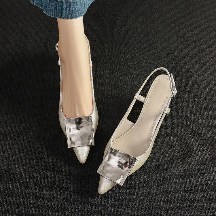 复古金属方扣全真皮细高跟鞋5cm 职场时尚尖头女鞋后绊带时装凉鞋