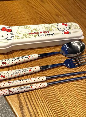 哈喽kitty便携餐具不锈钢筷子套装学生陶瓷触感卡通kt勺子叉子