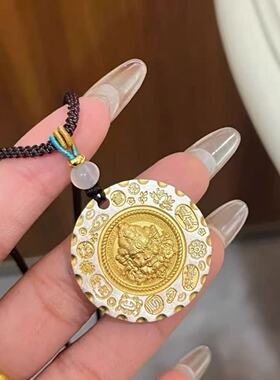 足银999描金黄财神吊坠纯银平安喜乐招财挂坠项坠男女送生日礼物