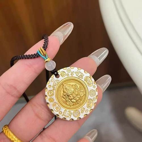 足银999描金黄财神吊坠纯银平安喜乐招财挂坠项坠男女送生日礼物