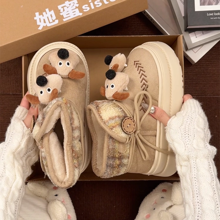 可爱卡通小狗毛绒雪地靴女2025冬季加绒保暖系带厚底防滑增高棉鞋,女鞋,时尚雪地靴,淘宝优惠券,粉丝福利购,淘宝优惠卷