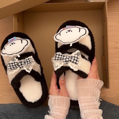 毛绒拖鞋棉拖鞋女2025新款冬季外穿舒适加绒防滑厚底一字毛毛拖鞋