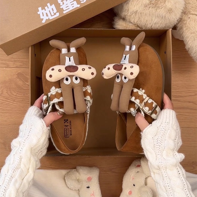 可爱卡通毛毛拖勃肯鞋女玛丽珍一脚蹬小众设计休闲单鞋包头棉拖鞋