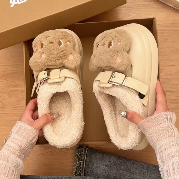 可爱网红小熊皮毛包头半拖鞋女外穿2025秋冬新款加绒保暖雪地棉拖