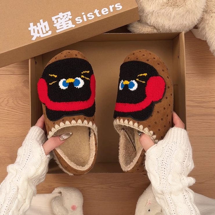 雪地靴卡通毛毛勃肯拖鞋女外穿2025冬新款波点居家保暖加绒棉拖鞋