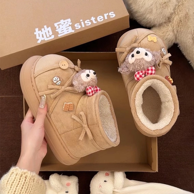 可爱雪莉玫蝴蝶结厚底雪地靴女外穿2025冬新款增高棉拖鞋加绒棉靴