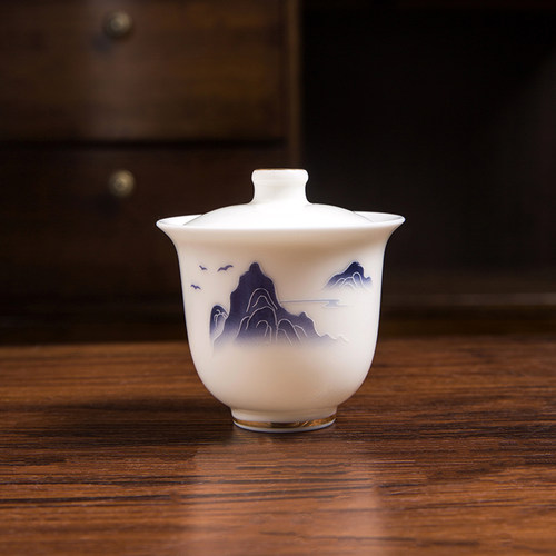 羊脂玉远山特小号盖碗白瓷