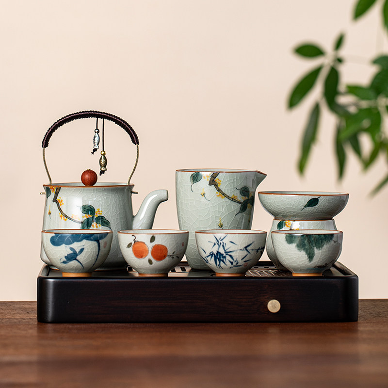 哥窑纯手绘提梁壶功夫茶具小套装图片