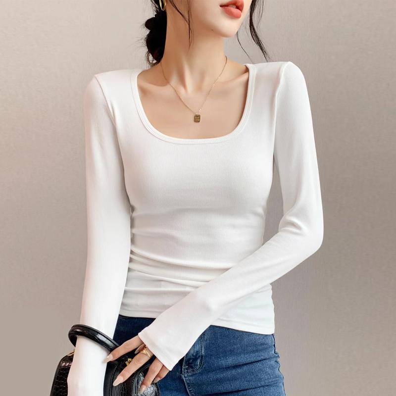 t恤修身内搭大领口方领白色上衣