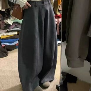 休闲风加绒加厚直筒气球裤女2026秋冬新款後松紧百搭显瘦阔腿长裤