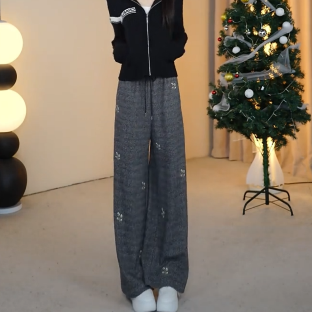 小香风灰色条纹花朵刺绣窄版直筒卫裤春秋百搭舒适软糯垂感休闲裤,女装/女士精品,大码裤装,淘宝优惠券,粉丝福利购,淘宝优惠卷