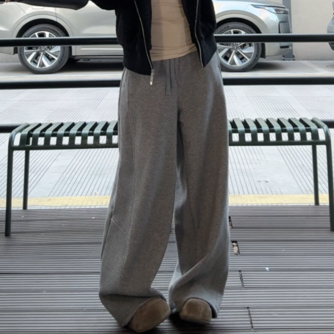 灰色加绒厚实保暖松紧腰直筒卫裤