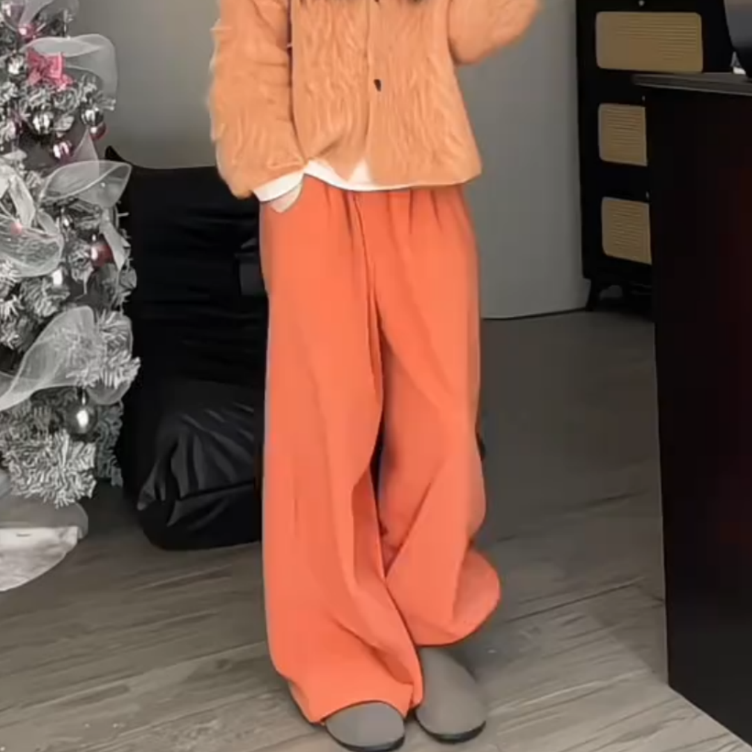 洋气时髦桔色加绒厚实阔腿卫裤
