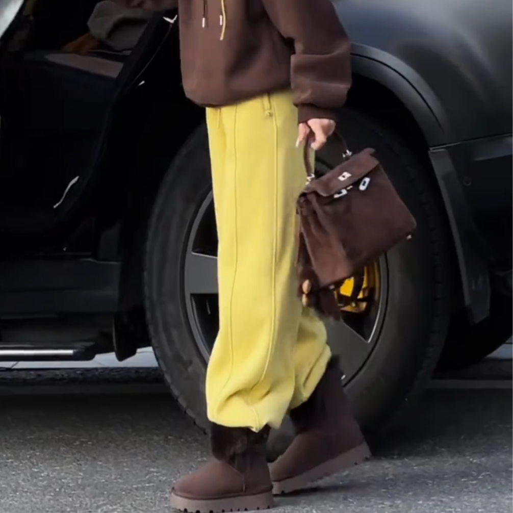 多巴胺黄色加绒抽绳休闲卫裤