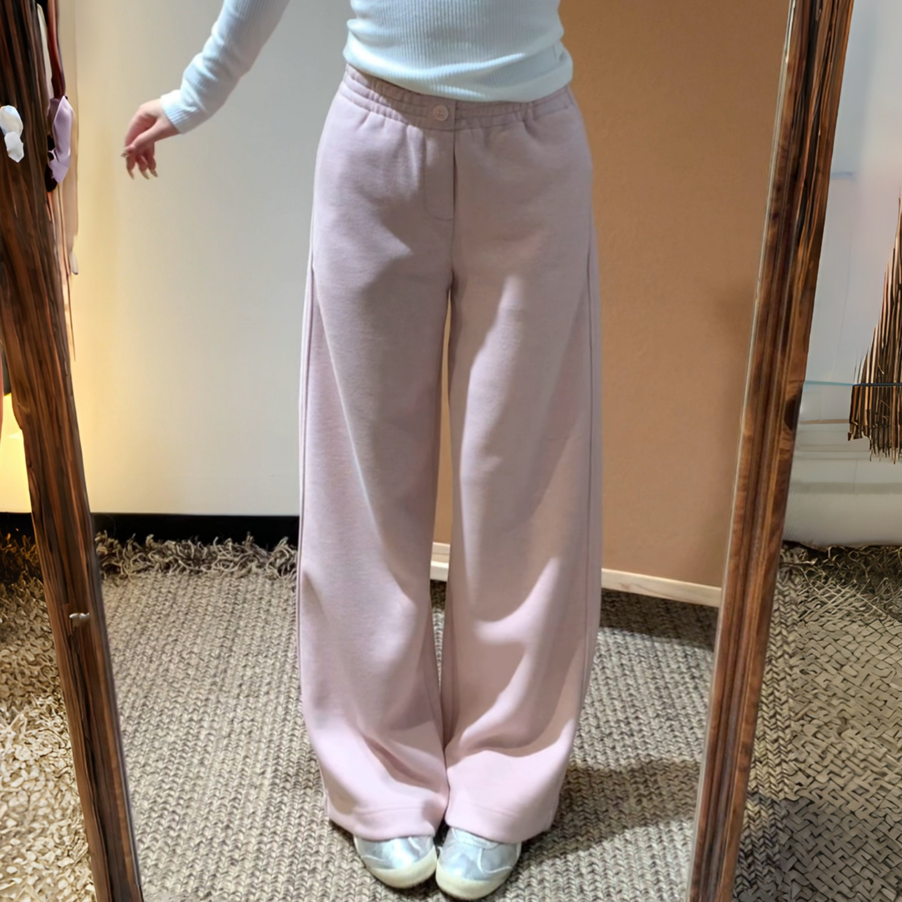 浅粉色加绒松紧腰宽松休闲卫裤女