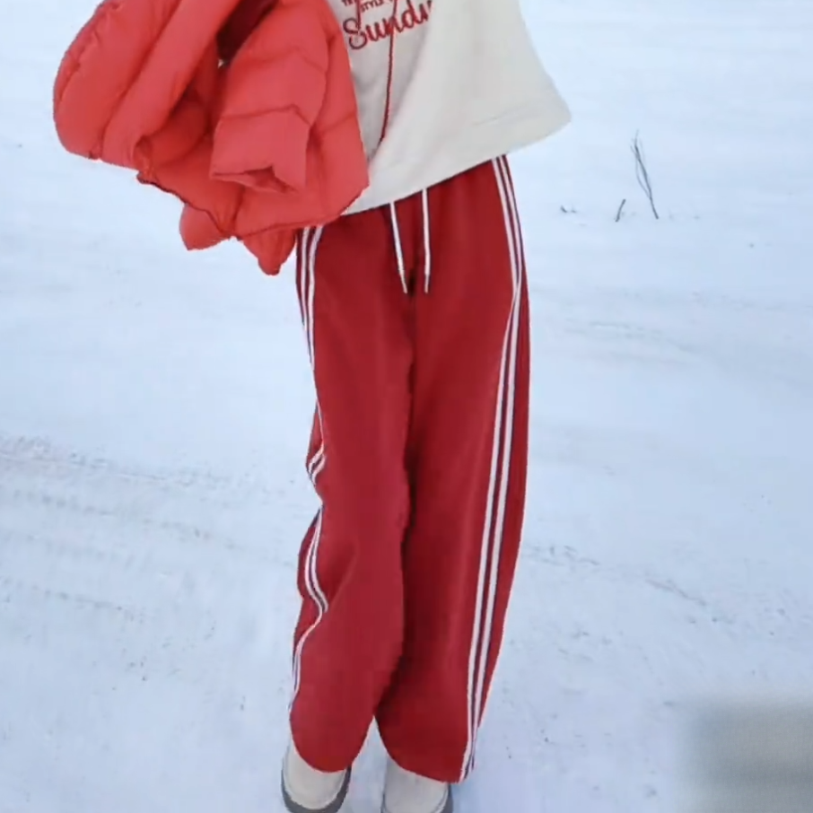 爆款红拼白条纹加绒厚实阔腿卫裤