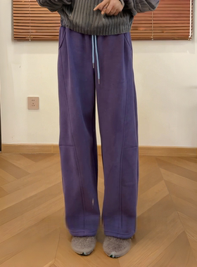 紫色气质加绒厚实抽绳拼接显瘦弯刀卫裤女冬季新款时尚百搭阔腿裤