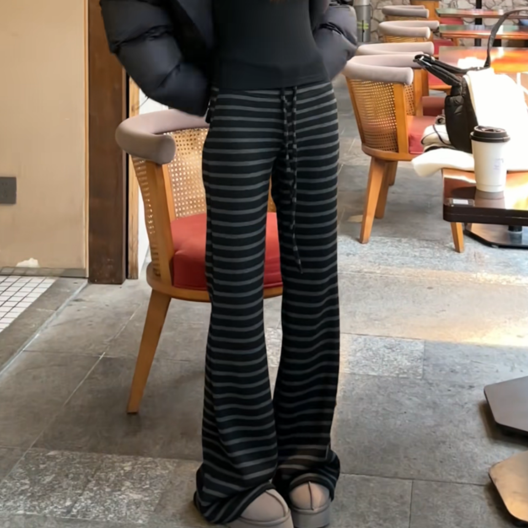 黑灰条纹加绒松紧腰休闲微喇裤女