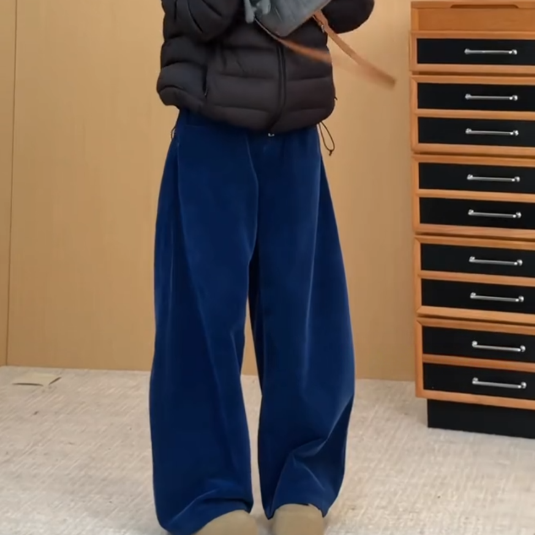 欧货藏青色氛围感灯芯绒阔腿裤