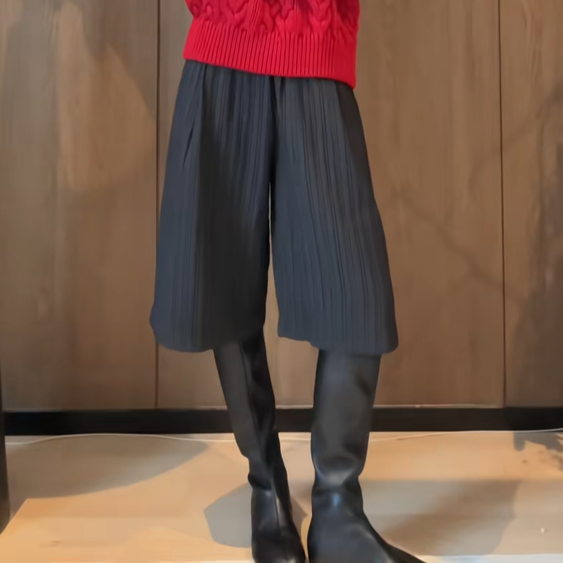 欧货老钱风深灰色褶皱七分靴裤