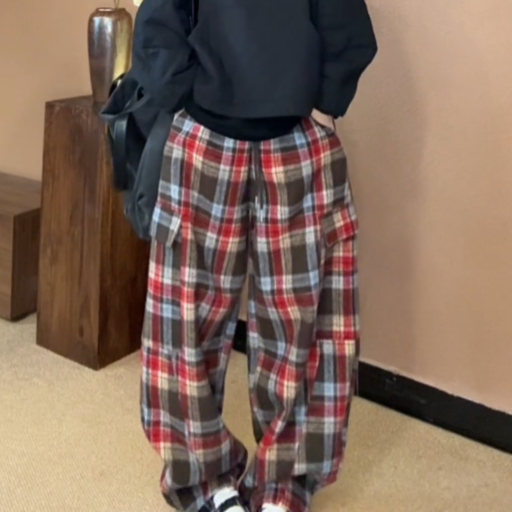 复古格纹抽绳松紧腰阔腿工装裤女冬季新款时尚百搭高腰宽松休闲裤,女装/女士精品,大码裤装,淘宝优惠券,粉丝福利购,淘宝优惠卷