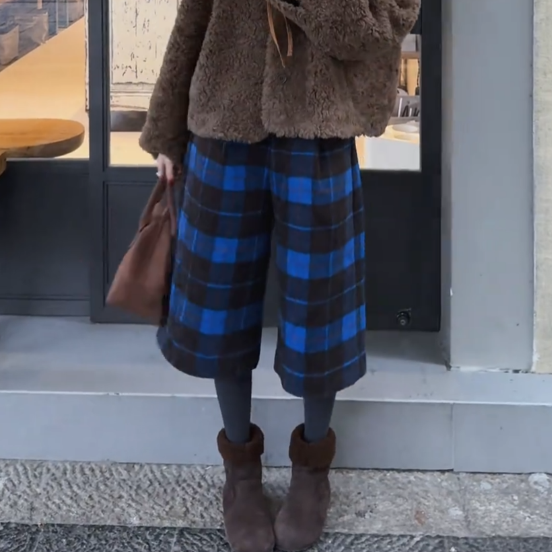 蓝色复古格子设计感毛呢加厚靴裤