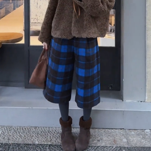 蓝色复古格子设计感毛呢加厚靴裤女冬季新款时尚高腰显气质七分裤
