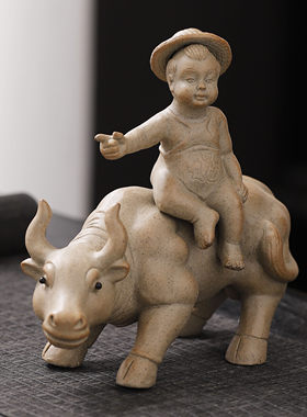 牧童遥指杏花村粗陶摆件田园古风茶宠童子骑牛盆造景桌面陶瓷摆设