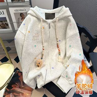 彩色波点连帽外套女童秋冬季2025新款韩版宽松百搭慵懒风休闲外套