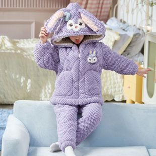 儿童睡衣2025新款冬季女童三层夹棉加绒加厚珊瑚绒公主女孩家居服
