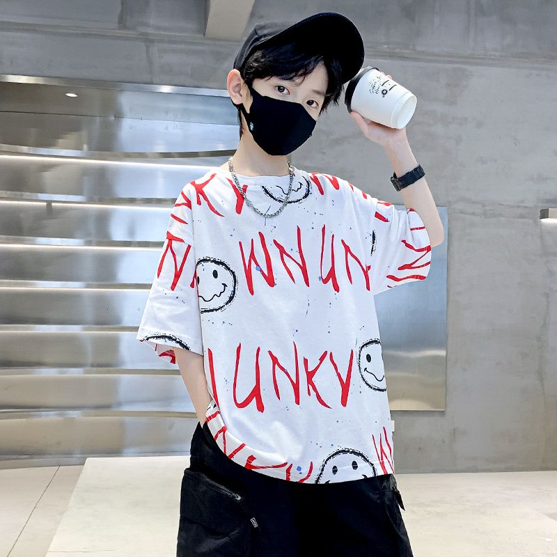 男童时尚印花字母笑脸短袖T恤